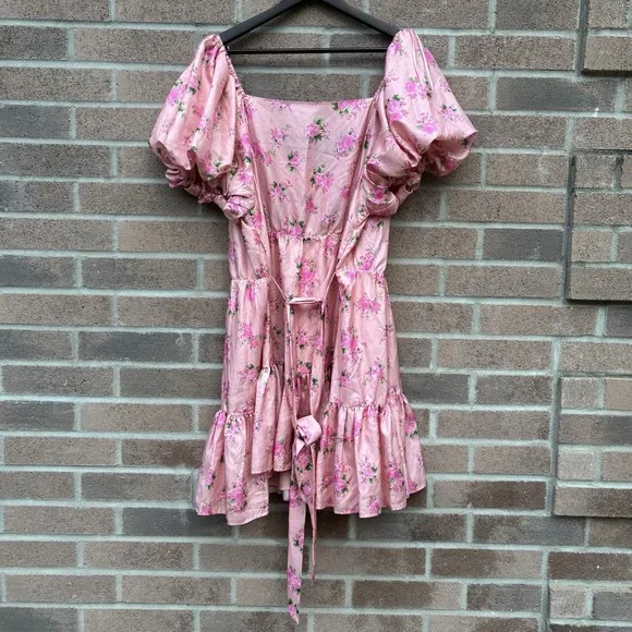 LoveShackFancy x Target Womens 18W Pink Satin Floral Puff Sleeve Mini Dress - Picture 8 of 12